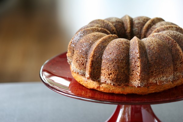 poppy seed cake - on red platter