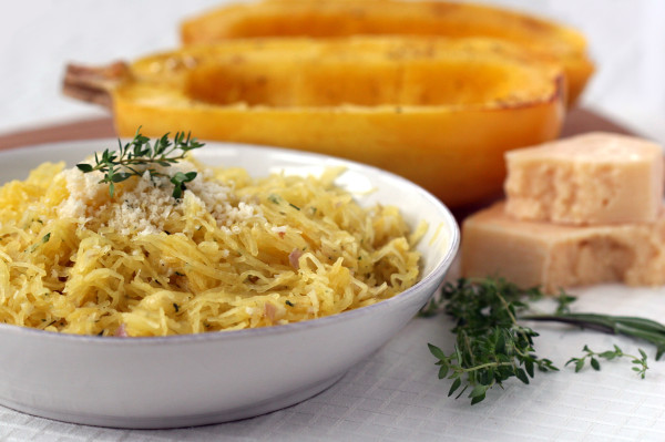 spaghetti squash with parmesan and fresh herbs - plated