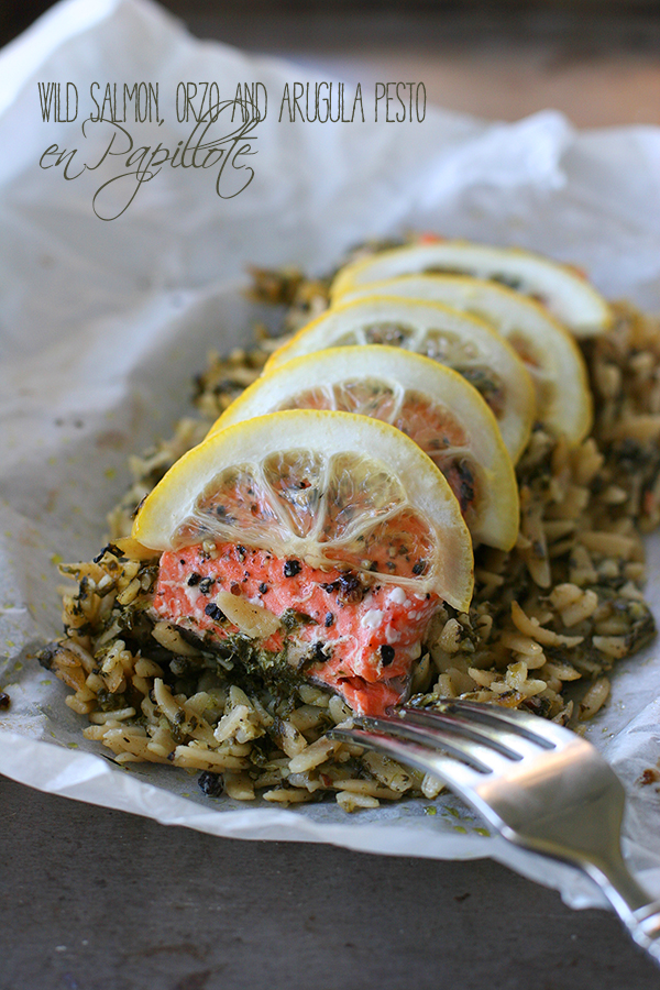 salmon orzo arugula pesto en papillote